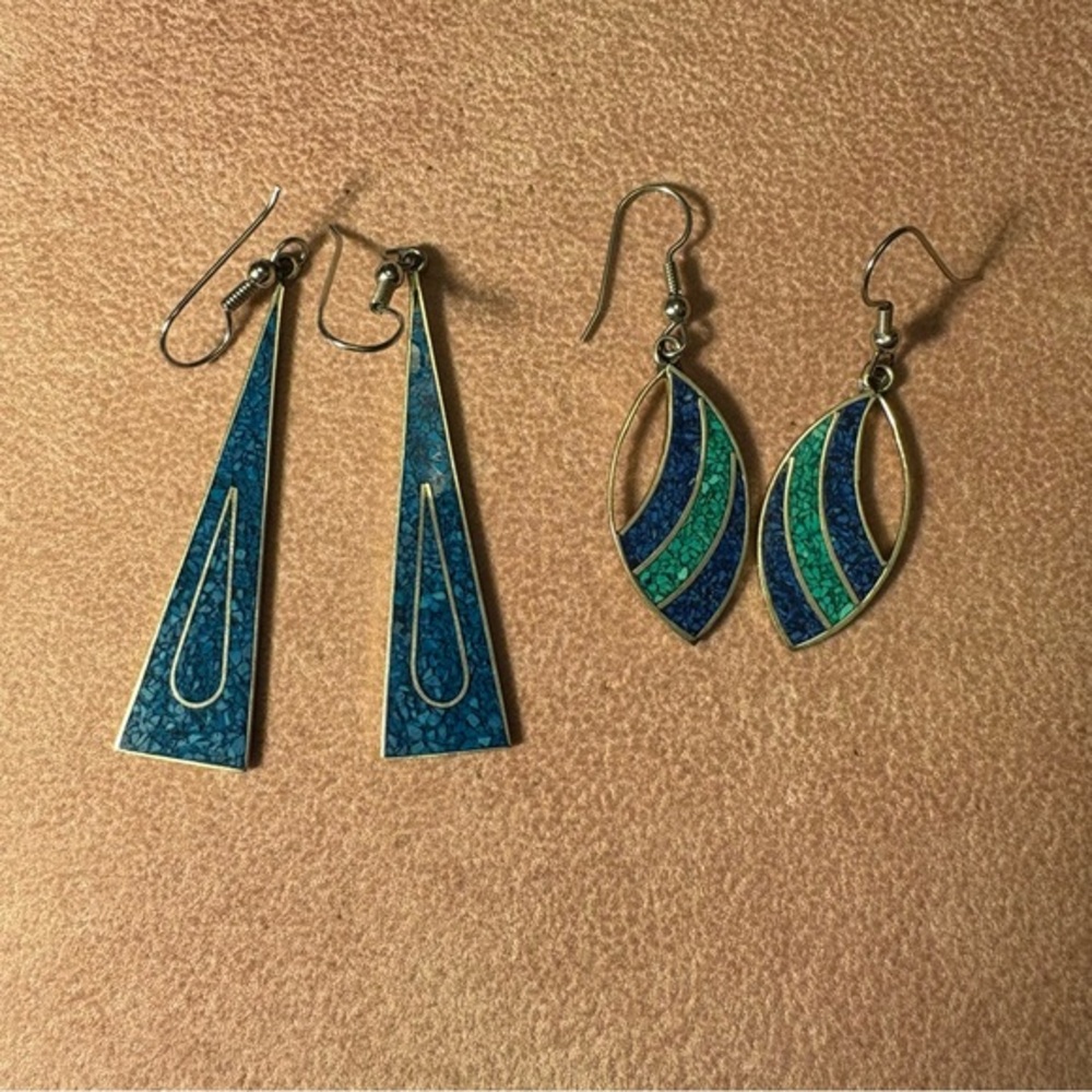 2 Pairs of Mexican Inlay Blue and Green Stone Dangle Earrings